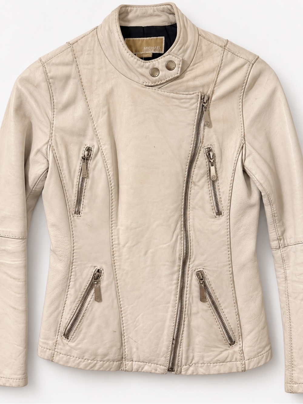 MICHAEL Michael Kors Ivory Genuine Leather Moto Jacket XS/P Y2K Vintage